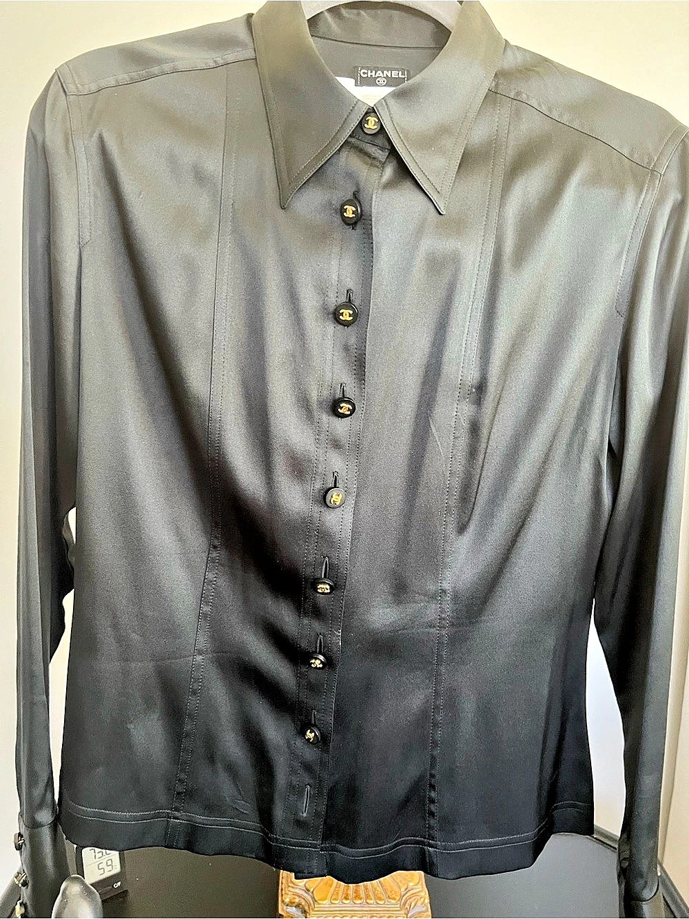Chanel Button Front Silk Shirt Silk Button Down in Black Size 42 Like New